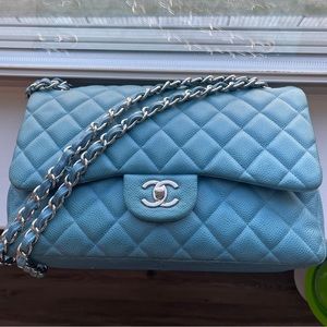 Chanel blue double flap caviar jumbo silver hardware